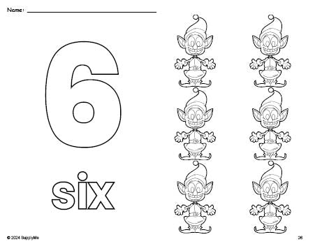 Free printable elf Christmas coloring page and counting worksheet, number 6 coloring page for preschool, pre-k, and kindergarten