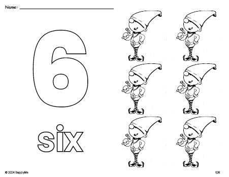 Free printable elf Christmas coloring page and counting worksheet, number 6 coloring page for preschool, pre-k, and kindergarten