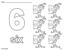 Free printable elf Christmas coloring page and counting worksheet, number 6 coloring page for preschool, pre-k, and kindergarten