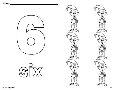 Free printable elf Christmas coloring page and counting worksheet, number 6 coloring page for preschool, pre-k, and kindergarten