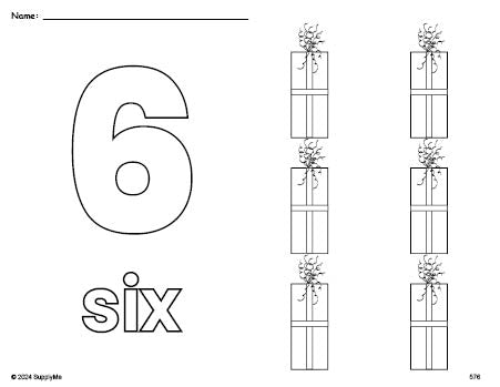 Free printable gift Christmas coloring page and counting worksheet, number 6 coloring page for preschool, pre-k, and kindergarten