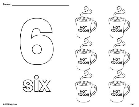 Free printable hot chocolate winter coloring page and counting worksheet, number 6 coloring page for preschool, pre-k, and kindergarten