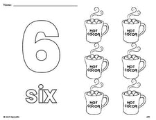 Free printable hot chocolate winter coloring page and counting worksheet, number 6 coloring page for preschool, pre-k, and kindergarten