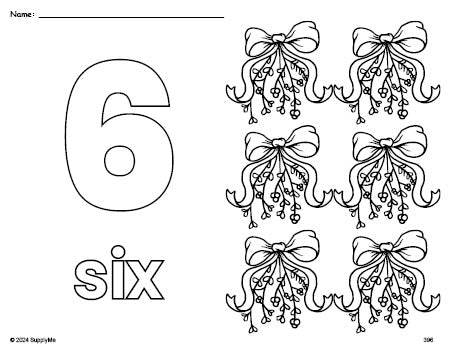 Free printable mistletoe Christmas coloring page and counting worksheet, number 6 coloring page for preschool, pre-k, and kindergarten