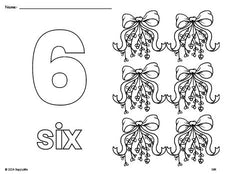 Free printable mistletoe Christmas coloring page and counting worksheet, number 6 coloring page for preschool, pre-k, and kindergarten