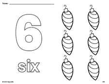 Free printable ornament Christmas coloring page and counting worksheet, number 6 coloring page for preschool, pre-k, and kindergarten