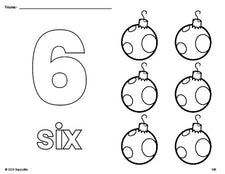 Free printable ornament Christmas coloring page and counting worksheet, number 6 coloring page for preschool, pre-k, and kindergarten