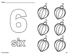 Free printable ornament Christmas coloring page and counting worksheet, number 6 coloring page for preschool, pre-k, and kindergarten