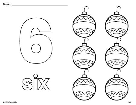 Free printable ornament Christmas coloring page and counting worksheet, number 6 coloring page for preschool, pre-k, and kindergarten