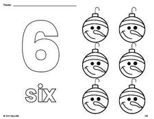 Free printable ornament Christmas coloring page and counting worksheet, number 6 coloring page for preschool, pre-k, and kindergarten