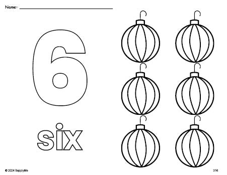 Free printable ornament Christmas coloring page and counting worksheet, number 6 coloring page for preschool, pre-k, and kindergarten