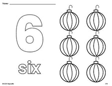 Free printable ornament Christmas coloring page and counting worksheet, number 6 coloring page for preschool, pre-k, and kindergarten