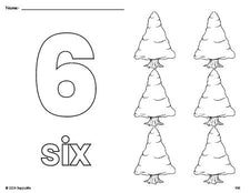 Free printable pine tree winter coloring page and counting worksheet, number 6 coloring page for preschool, pre-k, and kindergarten