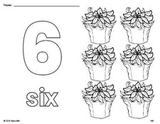 Free printable poinsettia Christmas coloring page and counting worksheet, number 6 coloring page for preschool, pre-k, and kindergarten