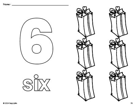 Free printable present Christmas coloring page and counting worksheet, number 6 coloring page for preschool, pre-k, and kindergarten