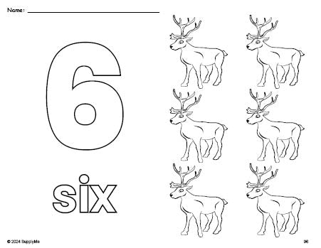 Free printable reindeer Christmas coloring page and counting worksheet, number 6 coloring page for preschool, pre-k, and kindergarten