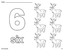 Free printable reindeer Christmas coloring page and counting worksheet, number 6 coloring page for preschool, pre-k, and kindergarten