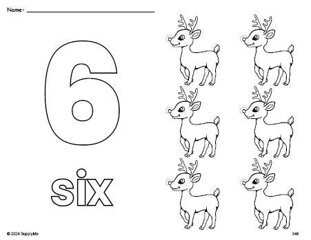 Free printable reindeer Christmas coloring page and counting worksheet, number 6 coloring page for preschool, pre-k, and kindergarten