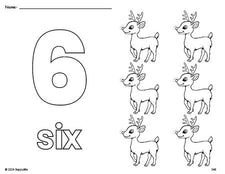 Free printable reindeer Christmas coloring page and counting worksheet, number 6 coloring page for preschool, pre-k, and kindergarten