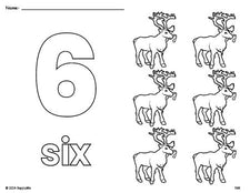 Free printable reindeer Christmas coloring page and counting worksheet, number 6 coloring page for preschool, pre-k, and kindergarten