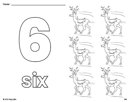 Free printable reindeer Christmas coloring page and counting worksheet, number 6 coloring page for preschool, pre-k, and kindergarten