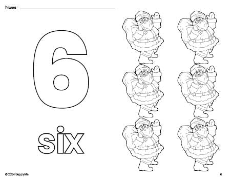 Free printable Santa Christmas coloring page and counting worksheet, number 6 coloring page for preschool, pre-k, and kindergarten