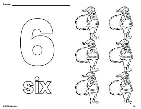 Free printable Santa Christmas coloring page and counting worksheet, number 6 coloring page for preschool, pre-k, and kindergarten