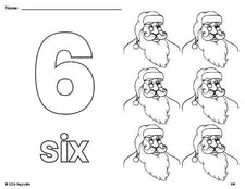 Free printable Santa Christmas coloring page and counting worksheet, number 6 coloring page for preschool, pre-k, and kindergarten