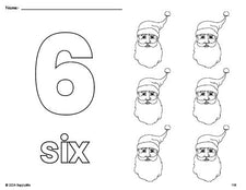 Free printable Santa Christmas coloring page and counting worksheet, number 6 coloring page for preschool, pre-k, and kindergarten