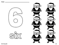 Free printable Santa Christmas coloring page and counting worksheet, number 6 coloring page for preschool, pre-k, and kindergarten