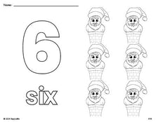 Free printable Santa Christmas coloring page and counting worksheet, number 6 coloring page for preschool, pre-k, and kindergarten