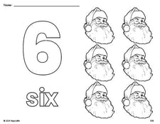 Free printable Santa Christmas coloring page and counting worksheet, number 6 coloring page for preschool, pre-k, and kindergarten