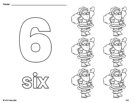 Free printable Santa Christmas coloring page and counting worksheet, number 6 coloring page for preschool, pre-k, and kindergarten