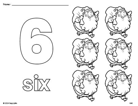 Free printable Santa Christmas coloring page and counting worksheet, number 6 coloring page for preschool, pre-k, and kindergarten