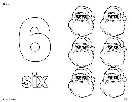 Free printable Santa Christmas coloring page and counting worksheet, number 6 coloring page for preschool, pre-k, and kindergarten