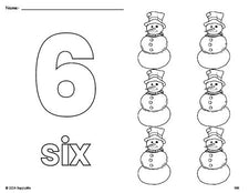 Free printable snowman winter coloring page and counting worksheet, number 6 coloring page for preschool, pre-k, and kindergarten