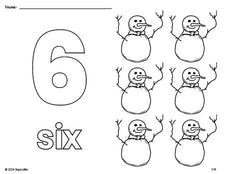 Free printable snowman winter coloring page and counting worksheet, number 6 coloring page for preschool, pre-k, and kindergarten