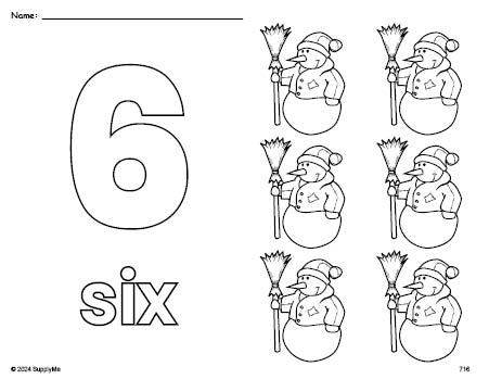 Free printable snowman winter coloring page and counting worksheet, number 6 coloring page for preschool, pre-k, and kindergarten