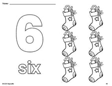 Free printable stocking Christmas coloring page and counting worksheet, number 6 coloring page for preschool, pre-k, and kindergarten