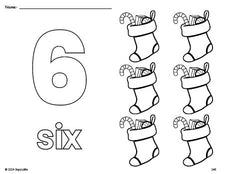 Free printable stocking Christmas coloring page and counting worksheet, number 6 coloring page for preschool, pre-k, and kindergarten