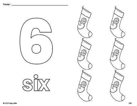 Free printable stocking Christmas coloring page and counting worksheet, number 6 coloring page for preschool, pre-k, and kindergarten