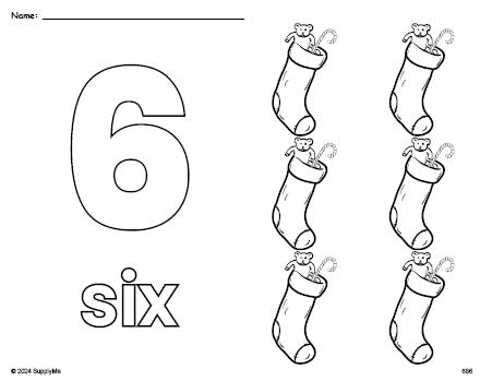 Free printable stocking Christmas coloring page and counting worksheet, number 6 coloring page for preschool, pre-k, and kindergarten