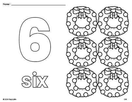 Free printable wreath Christmas coloring page and counting worksheet, number 6 coloring page for preschool, pre-k, and kindergarten