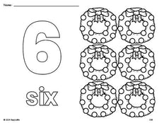 Free printable wreath Christmas coloring page and counting worksheet, number 6 coloring page for preschool, pre-k, and kindergarten