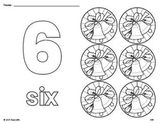 Free printable wreath Christmas coloring page and counting worksheet, number 6 coloring page for preschool, pre-k, and kindergarten