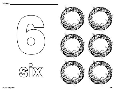 Free printable wreath Christmas coloring page and counting worksheet, number 6 coloring page for preschool, pre-k, and kindergarten