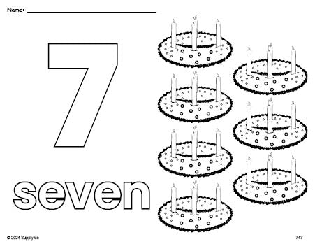 Free printable advent Christmas coloring page and counting worksheet, number 7 coloring page for preschool, pre-k, and kindergarten