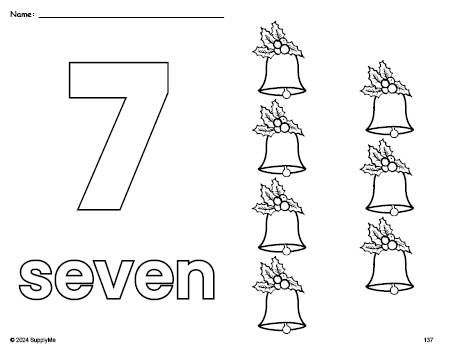 Free printable bell Christmas coloring page and counting worksheet, number 7 coloring page for preschool, pre-k, and kindergarten