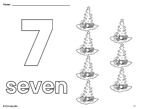 Free printable Christmas tree Christmas coloring page and counting worksheet, number 7 coloring page for preschool, pre-k, and kindergarten