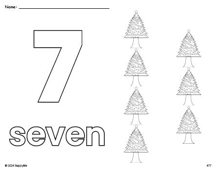 Free printable Christmas tree Christmas coloring page and counting worksheet, number 7 coloring page for preschool, pre-k, and kindergarten